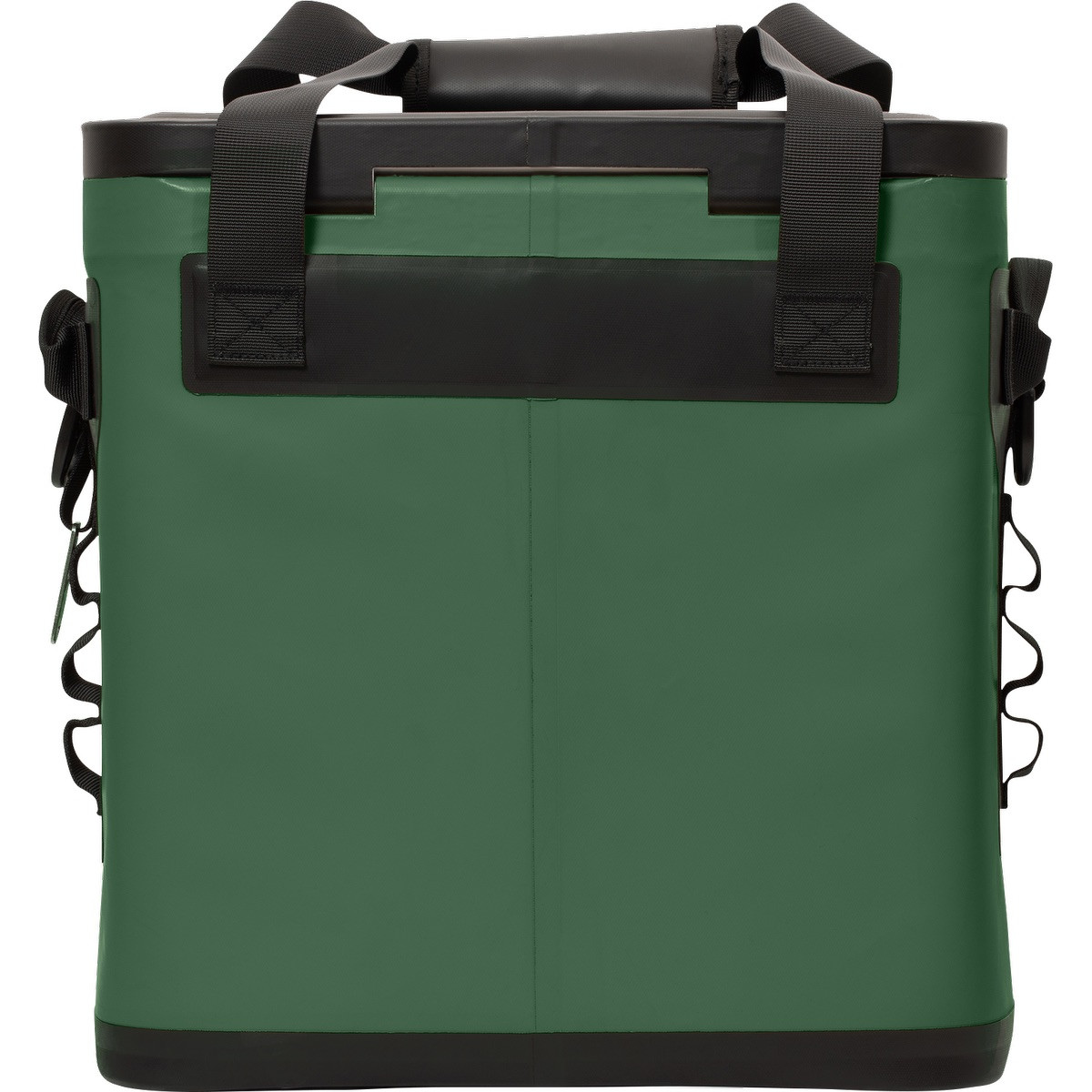 Green Quiksilver Coastal Zipperless 55L Box Cooler with a durable soft-sided exterior, zipperless flip-top lid, dual carry handles, adjustable shoulder strap, and insulated interior for keeping food and beverages cold during camping, beach trips, picnics, and outdoor events.