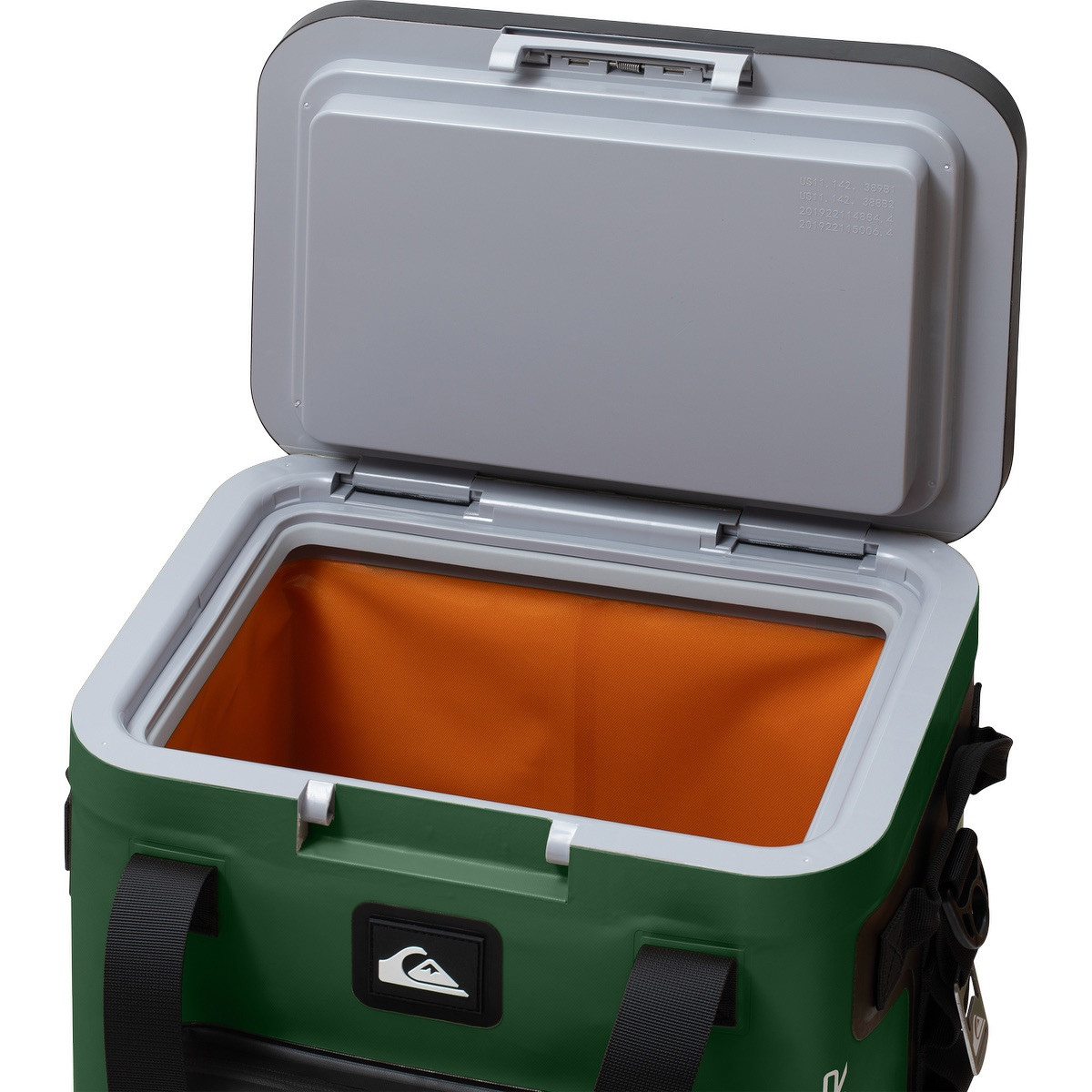 Green Quiksilver Coastal Zipperless 55L Box Cooler with a durable soft-sided exterior, zipperless flip-top lid, dual carry handles, adjustable shoulder strap, and insulated interior for keeping food and beverages cold during camping, beach trips, picnics, and outdoor events.