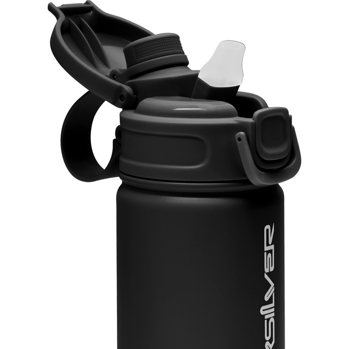 Black insulated stainless steel tumbler with a 2-in-1 straw and chug lid, locking flip top, carry handle, and silicone base.