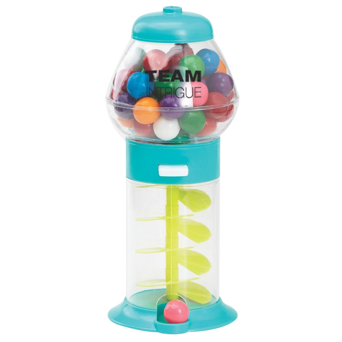 7.25" Assorted Color Mini Spiral Gumball Machine, featuring a colorful spiral-style candy dispenser with a clear plastic globe, vibrant base, silver-tone dispensing knob, and compact retro design for holding gumballs or candy as a desktop display, party favor, or promotional giveaway.
