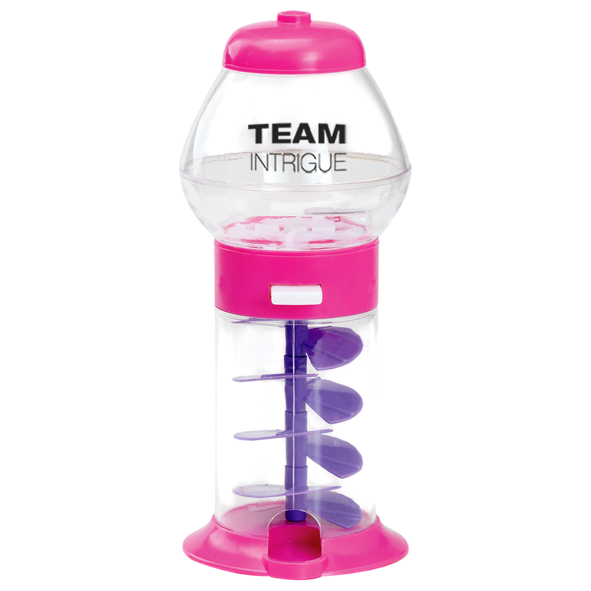 7.25" Assorted Color Mini Spiral Gumball Machine, featuring a colorful spiral-style candy dispenser with a clear plastic globe, vibrant base, silver-tone dispensing knob, and compact retro design for holding gumballs or candy as a desktop display, party favor, or promotional giveaway.