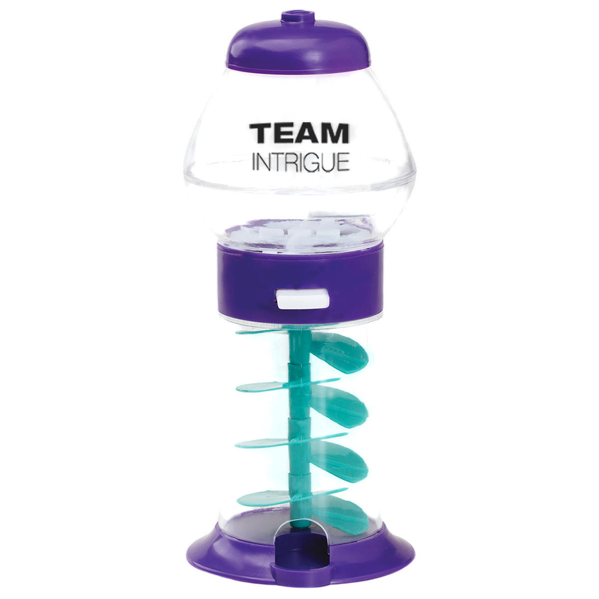 7.25" Assorted Color Mini Spiral Gumball Machine, featuring a colorful spiral-style candy dispenser with a clear plastic globe, vibrant base, silver-tone dispensing knob, and compact retro design for holding gumballs or candy as a desktop display, party favor, or promotional giveaway.