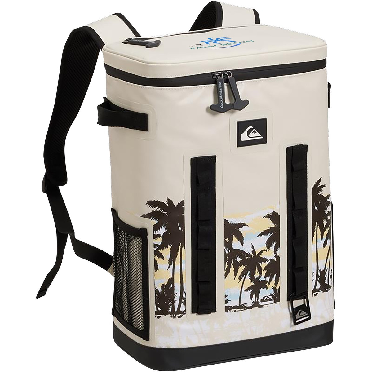 Cream Quiksilver Shoreline Backpack Cooler with a waterproof TPU exterior, padded shoulder straps, zippered top, and insulated compartments for food and drinks.