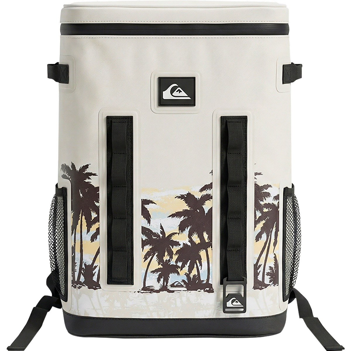 Cream Quiksilver Shoreline Backpack Cooler with a waterproof TPU exterior, padded shoulder straps, zippered top, and insulated compartments for food and drinks.