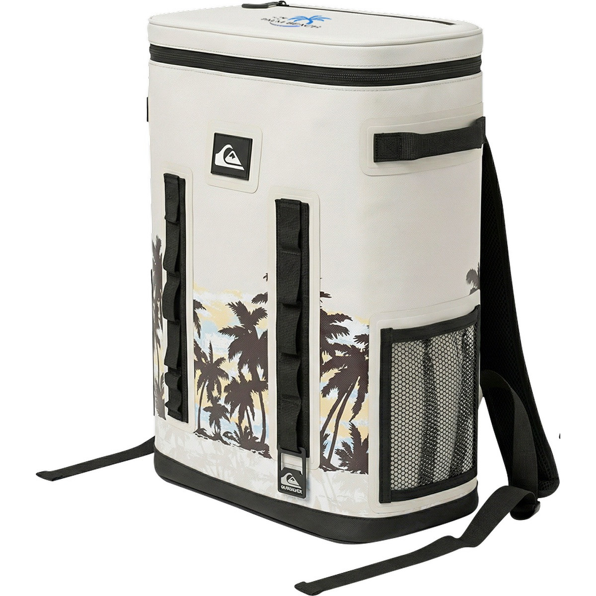 Cream Quiksilver Shoreline Backpack Cooler with a waterproof TPU exterior, padded shoulder straps, zippered top, and insulated compartments for food and drinks.
