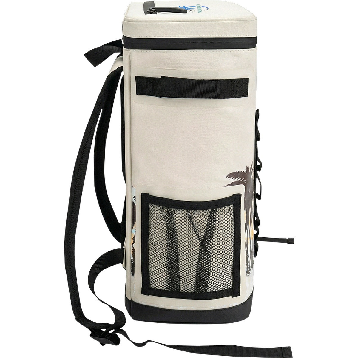 Cream Quiksilver Shoreline Backpack Cooler with a waterproof TPU exterior, padded shoulder straps, zippered top, and insulated compartments for food and drinks.