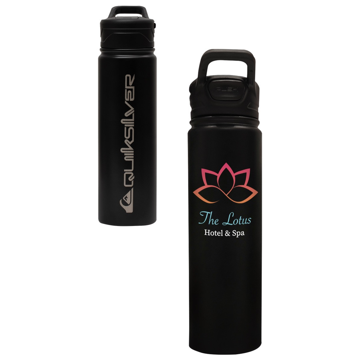 Black insulated stainless steel tumbler with a secure one-touch locking lid, leak-proof design, and double-wall vacuum insulation.