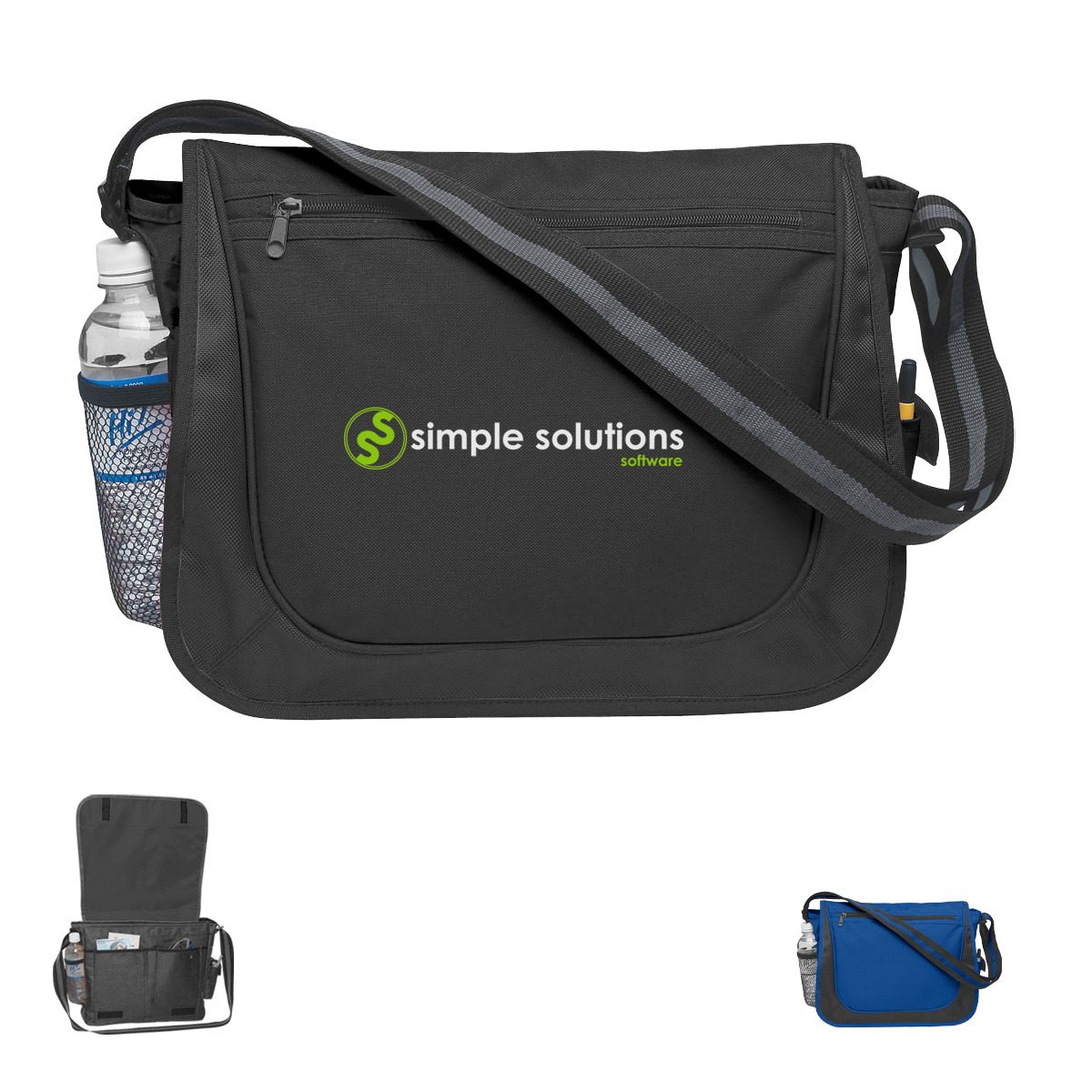 Messenger Bag With Matching Striped Handle 600D polyester with a striped carry handle, adjustable shoulder strap, front flap, zippered front pocket, side mesh pocket, and multiple storage compartments for everyday work, school, or travel use.