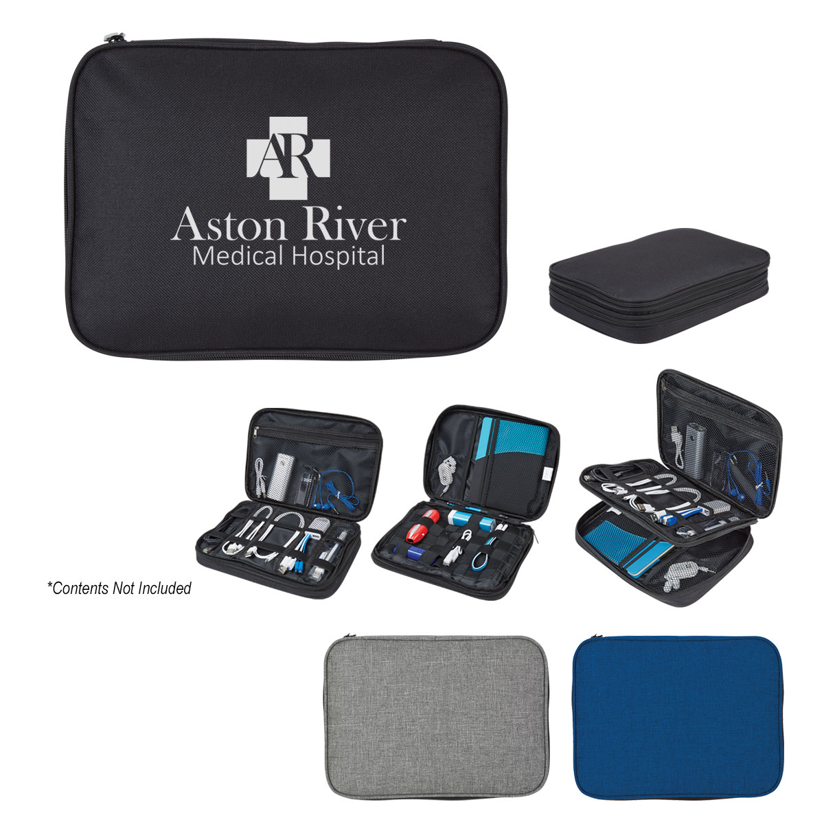 Black Electronics Organizer Travel Case 300D polyester with dual zippered compartments, interior mesh pockets, elastic storage bands, and a zippered mesh pocket for organizing cables, chargers, earbuds, adapters, and small electronic accessories.