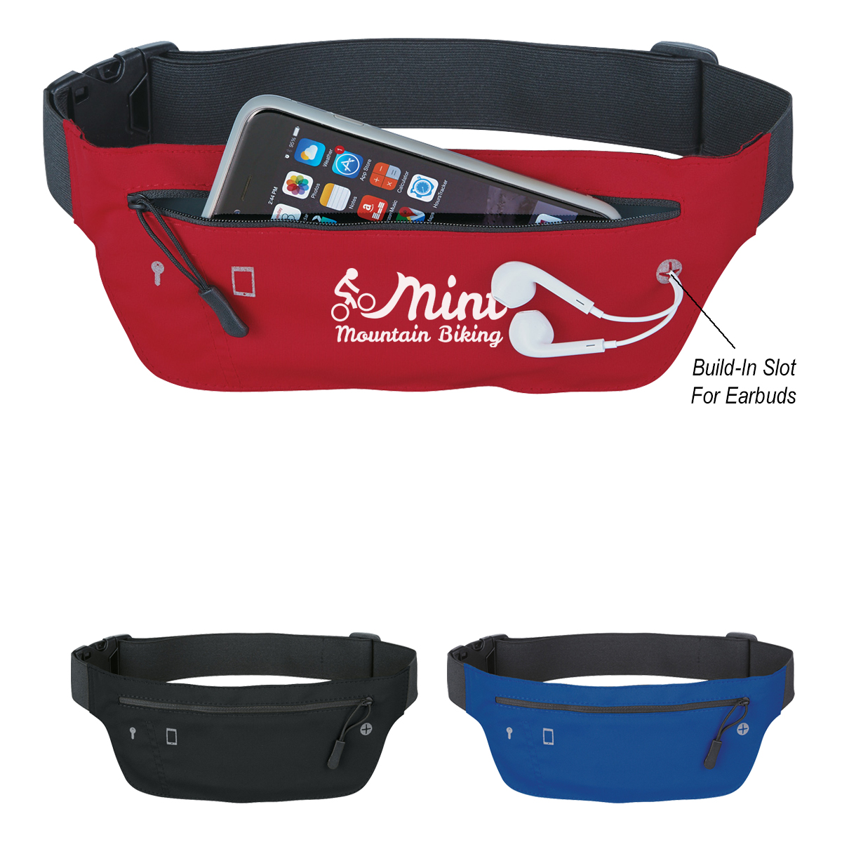 Running Belt Fanny Pack, polyester with a zippered front pocket, adjustable elastic waist strap, built-in earbud port, and slim profile for carrying essentials during running, walking, or workouts.