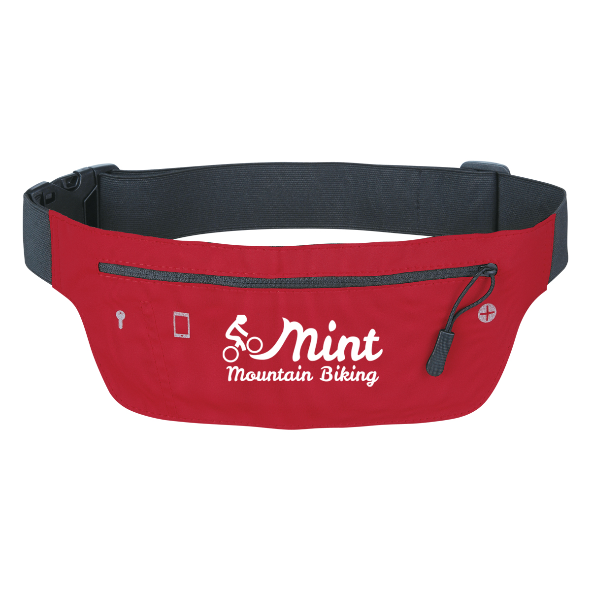 Red Running Belt Fanny Pack, polyester with a zippered front pocket, adjustable elastic waist strap, built-in earbud port, and slim profile for carrying essentials during running, walking, or workouts.