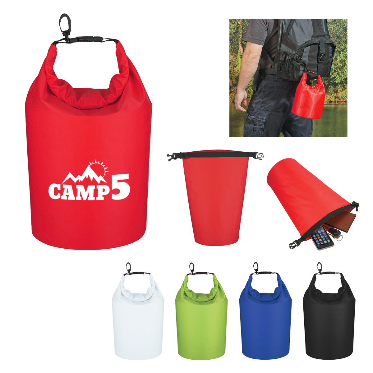 Red Waterproof Dry Bag in blue with a durable waterproof material, roll-top buckle closure, adjustable shoulder strap, and cylindrical design for keeping gear dry during boating, kayaking, camping, or other outdoor activities.