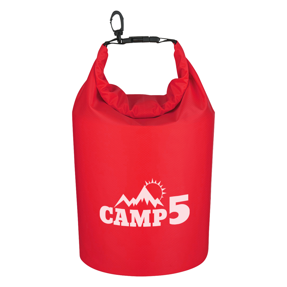 Red Waterproof Dry Bag in blue with a durable waterproof material, roll-top buckle closure, adjustable shoulder strap, and cylindrical design for keeping gear dry during boating, kayaking, camping, or other outdoor activities.