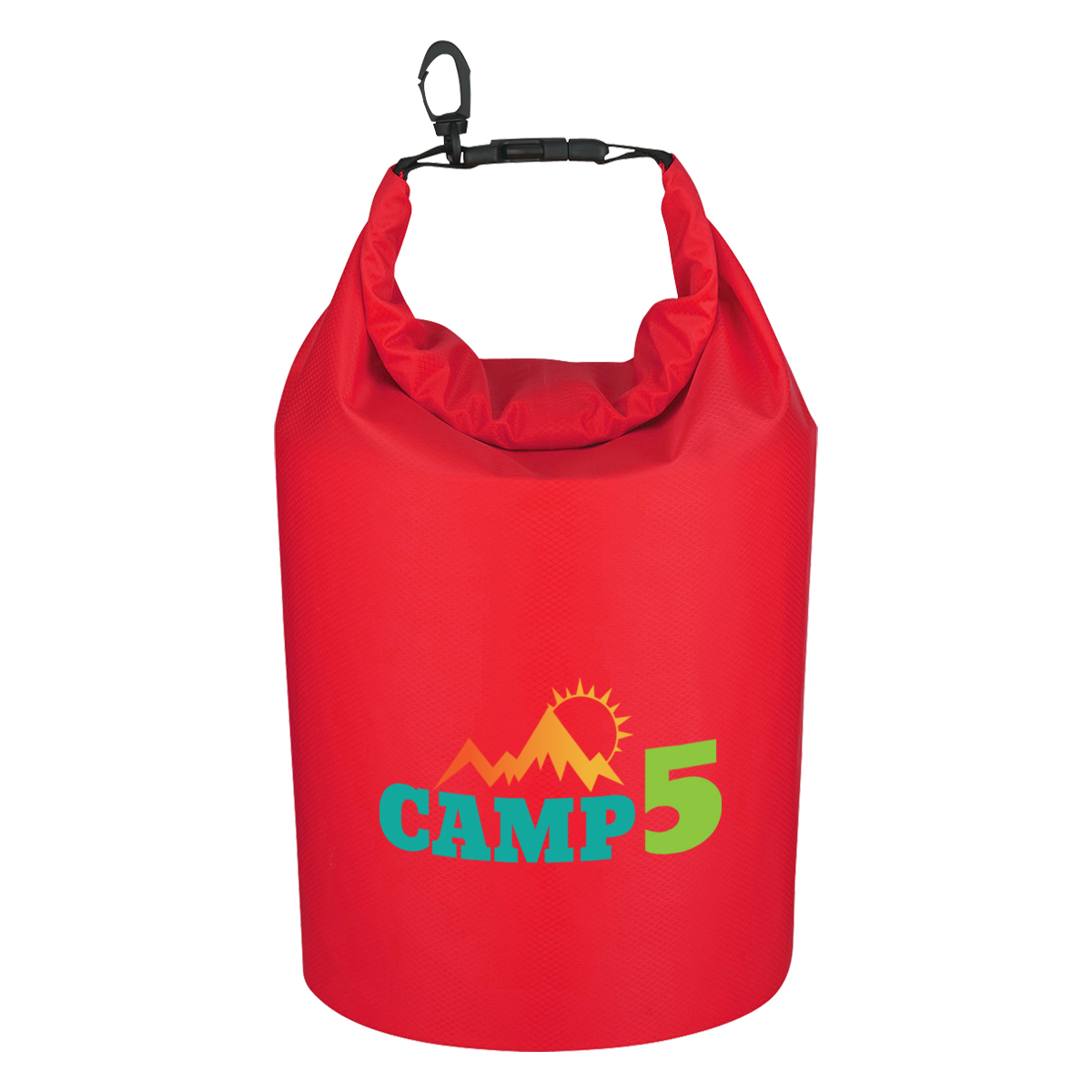 Red Waterproof Dry Bag in blue with a durable waterproof material, roll-top buckle closure, adjustable shoulder strap, and cylindrical design for keeping gear dry during boating, kayaking, camping, or other outdoor activities.
