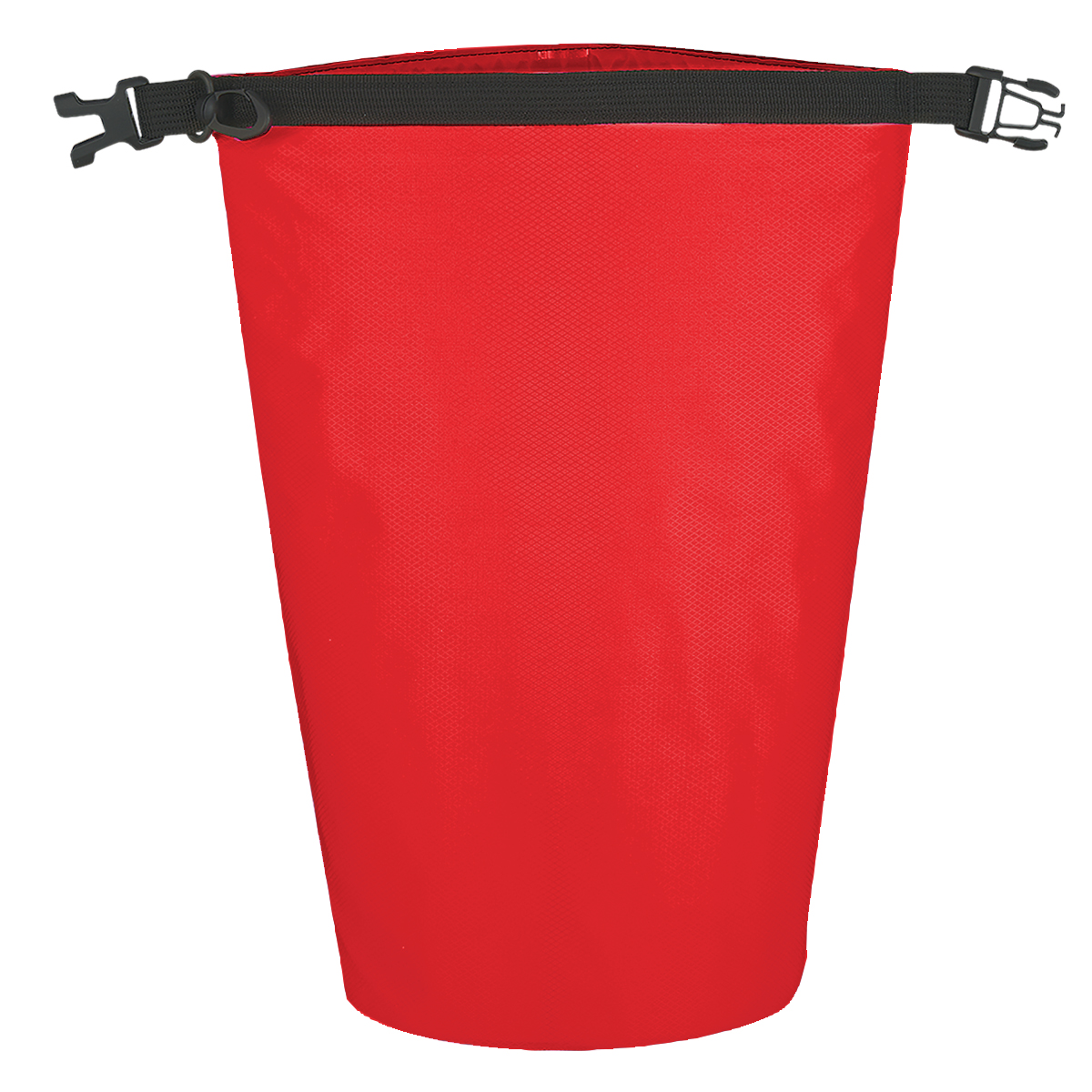 Red Waterproof Dry Bag in blue with a durable waterproof material, roll-top buckle closure, adjustable shoulder strap, and cylindrical design for keeping gear dry during boating, kayaking, camping, or other outdoor activities.