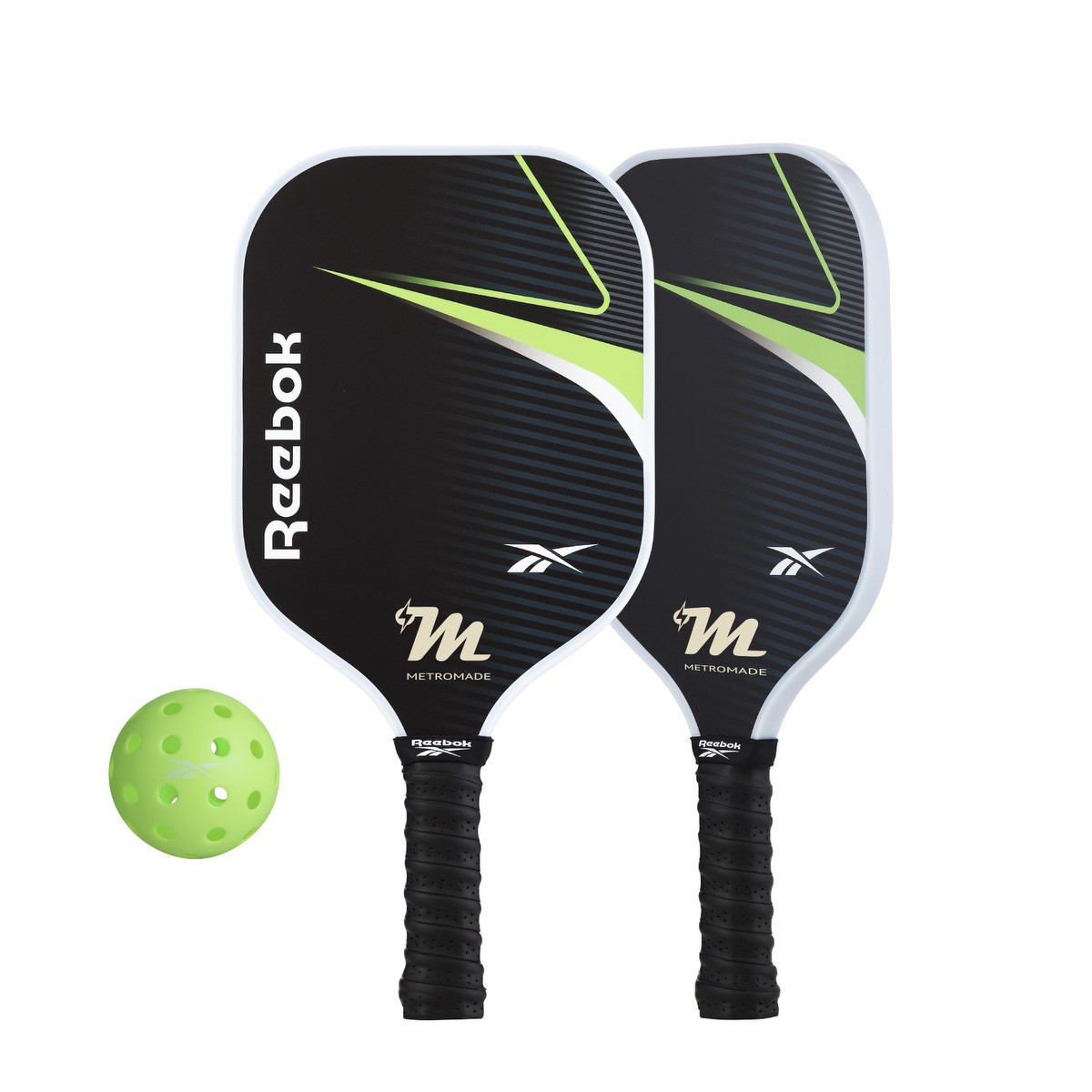 Reebok® 2-Player LED Pickleball Set with two black LED fiberglass paddles featuring perforated cushion grips, two light-up 40-hole pickleballs, and a carrying bag for day or nighttime pickleball play.