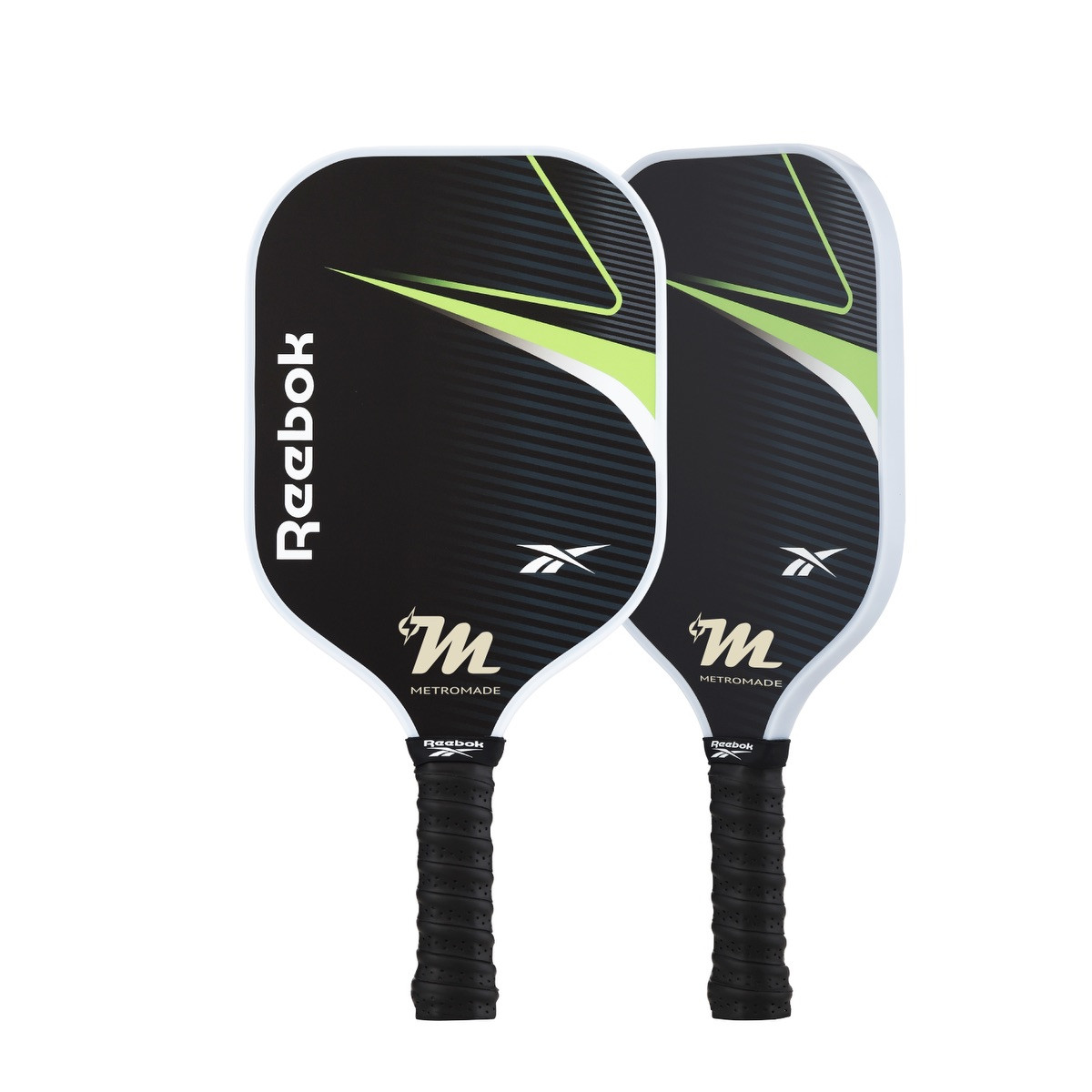 Reebok® 2-Player LED Pickleball Set with two black LED fiberglass paddles featuring perforated cushion grips, two light-up 40-hole pickleballs, and a carrying bag for day or nighttime pickleball play.