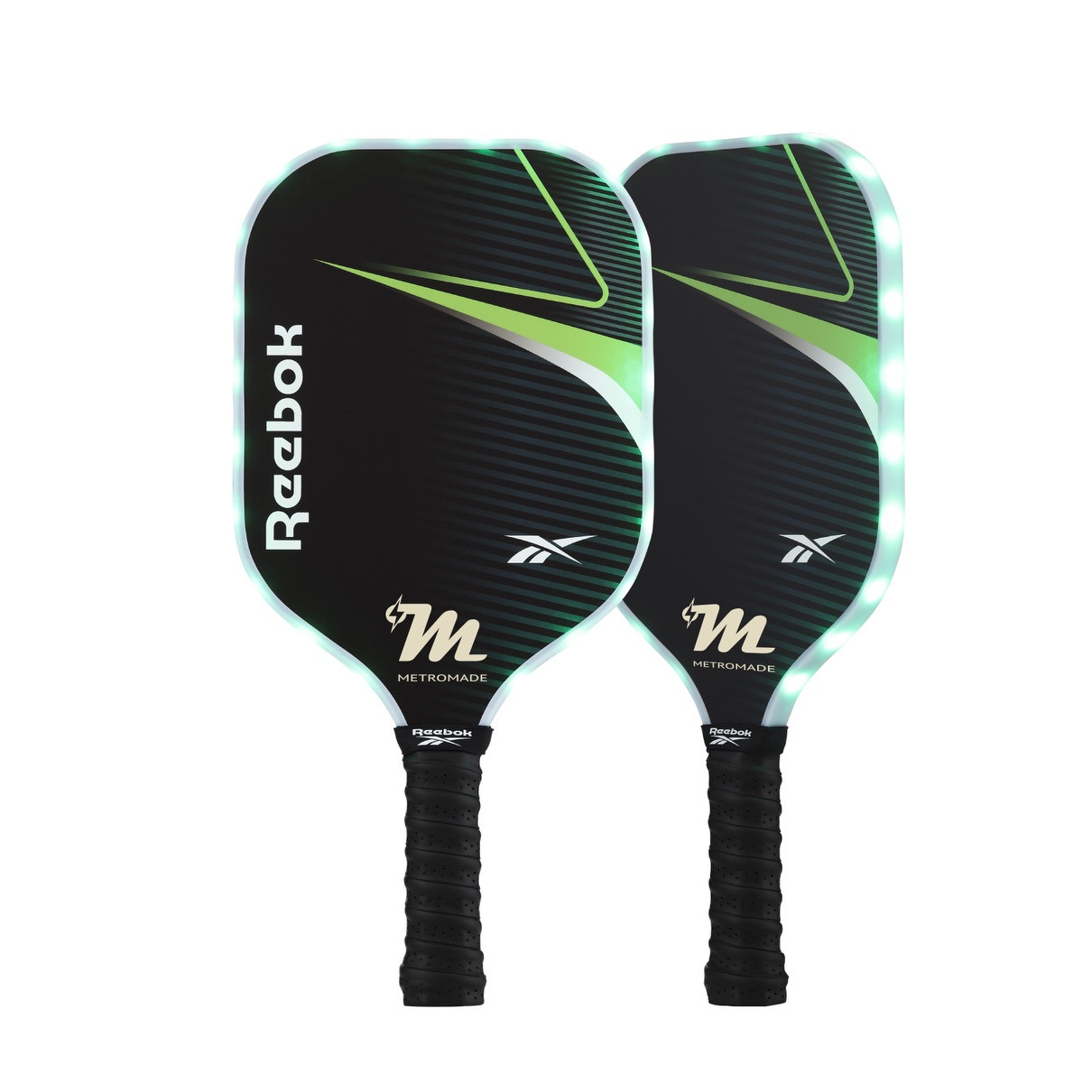Reebok® 2-Player LED Pickleball Set with two black LED fiberglass paddles featuring perforated cushion grips, two light-up 40-hole pickleballs, and a carrying bag for day or nighttime pickleball play.