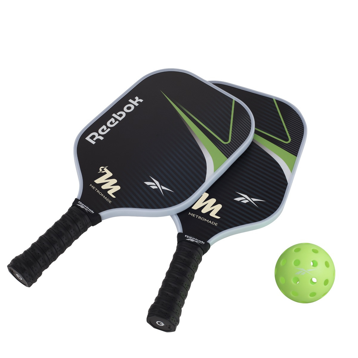 Reebok® 2-Player LED Pickleball Set with two black LED fiberglass paddles featuring perforated cushion grips, two light-up 40-hole pickleballs, and a carrying bag for day or nighttime pickleball play.