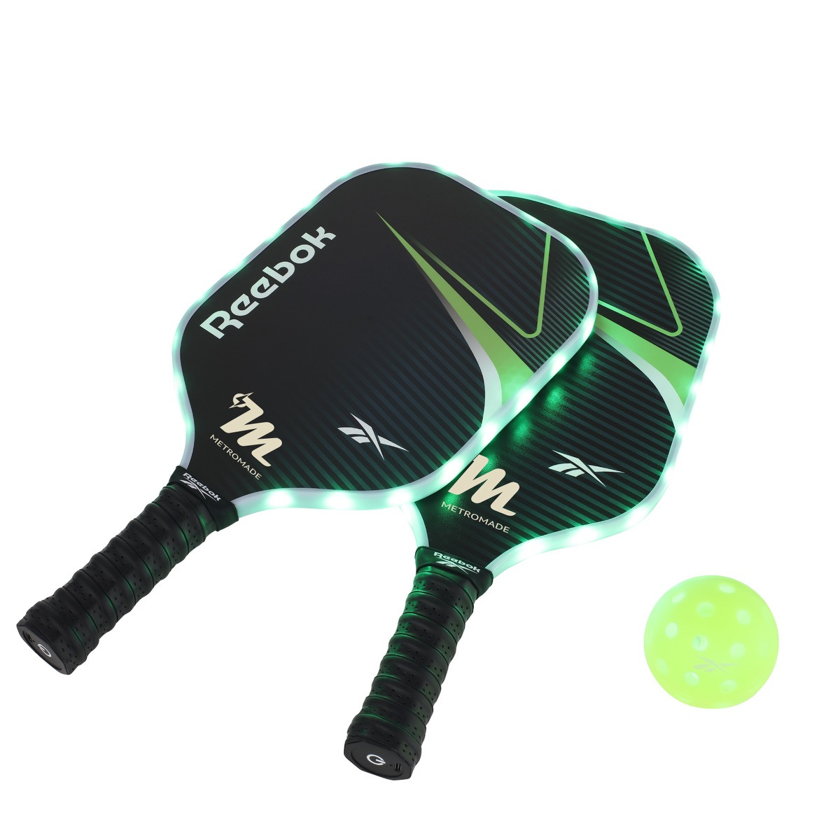 Reebok® 2-Player LED Pickleball Set with two black LED fiberglass paddles featuring perforated cushion grips, two light-up 40-hole pickleballs, and a carrying bag for day or nighttime pickleball play.