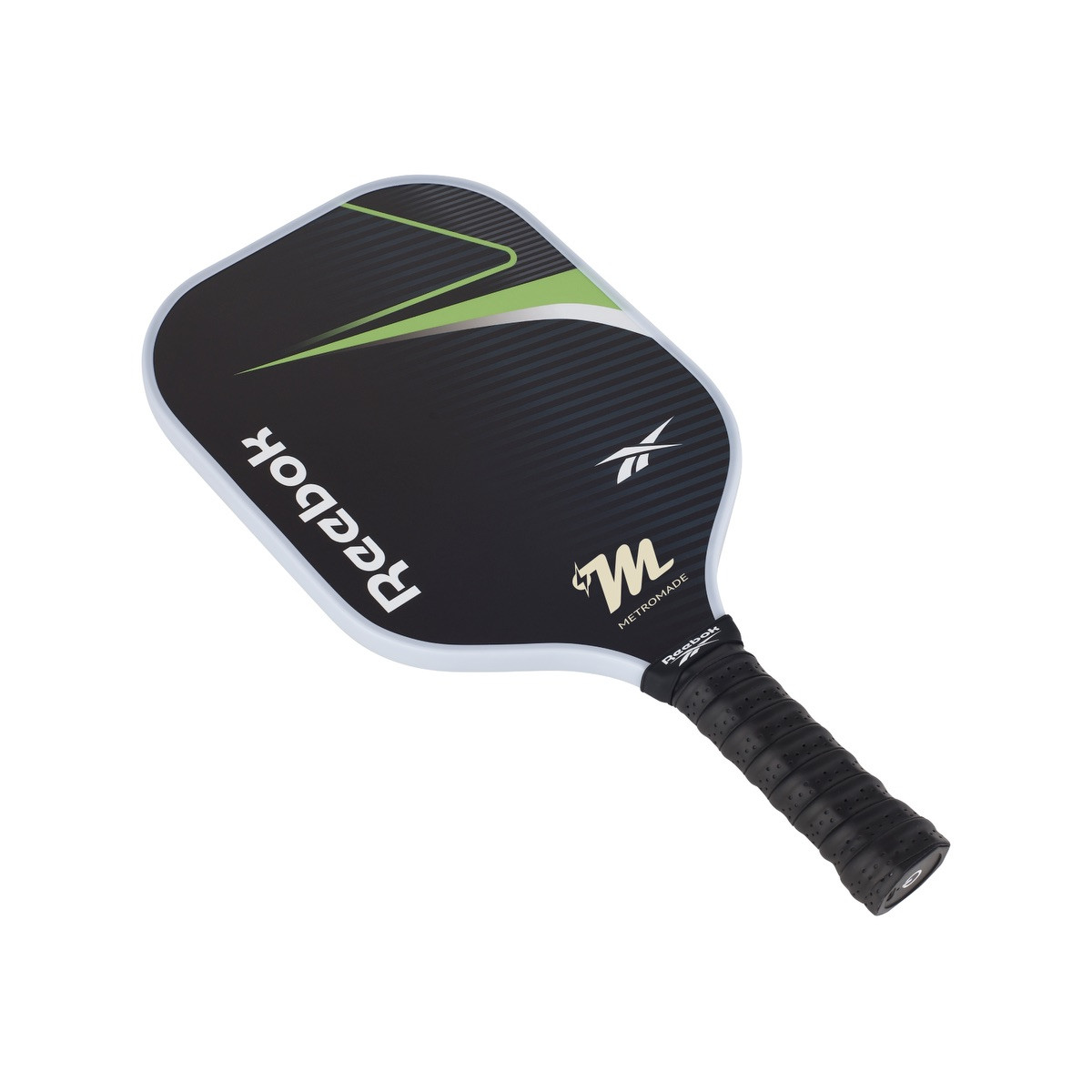 Reebok® 2-Player LED Pickleball Set with two black LED fiberglass paddles featuring perforated cushion grips, two light-up 40-hole pickleballs, and a carrying bag for day or nighttime pickleball play.