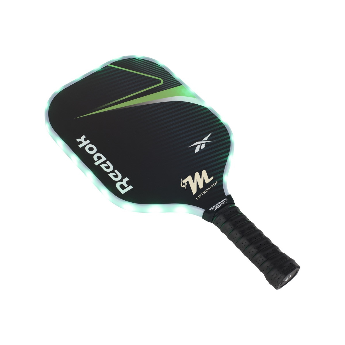 Reebok® 2-Player LED Pickleball Set with two black LED fiberglass paddles featuring perforated cushion grips, two light-up 40-hole pickleballs, and a carrying bag for day or nighttime pickleball play.