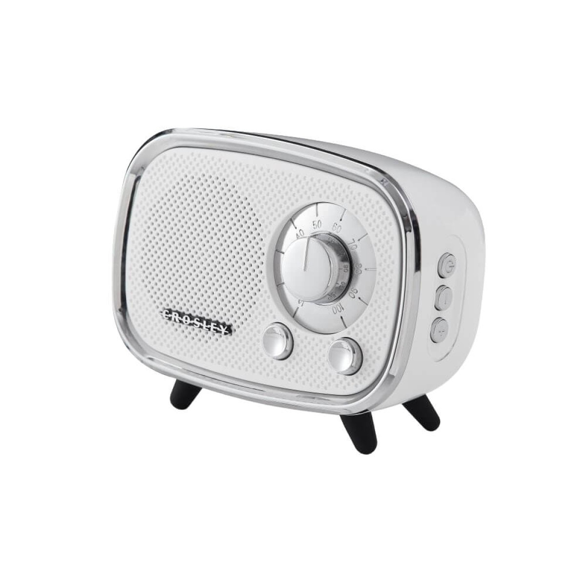 White retro Bluetooth speaker with chrome trim, tapered legs, integrated controls, and USB-C charging cable.
