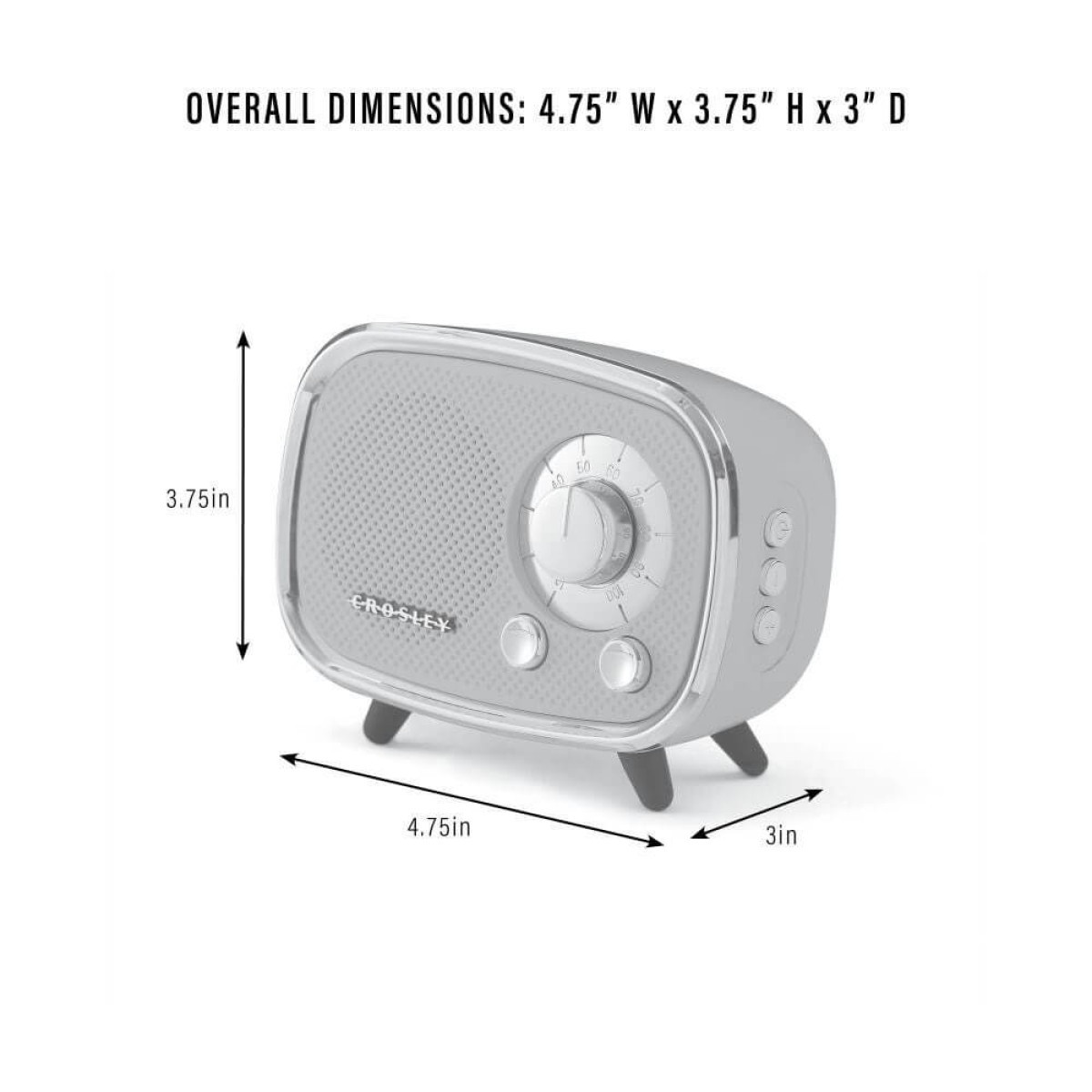 White retro Bluetooth speaker with chrome trim, tapered legs, integrated controls, and USB-C charging cable.