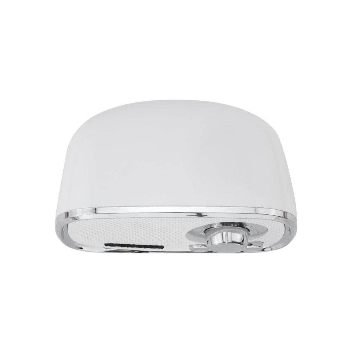White retro Bluetooth speaker with chrome trim, tapered legs, integrated controls, and USB-C charging cable.