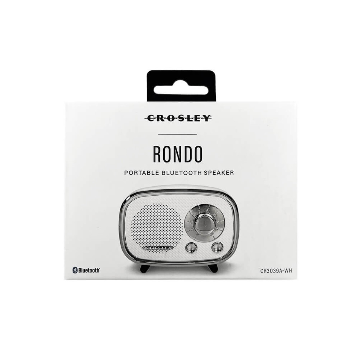 White retro Bluetooth speaker with chrome trim, tapered legs, integrated controls, and USB-C charging cable.
