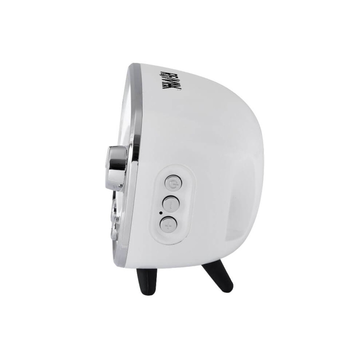 White retro Bluetooth speaker with chrome trim, tapered legs, integrated controls, and USB-C charging cable.