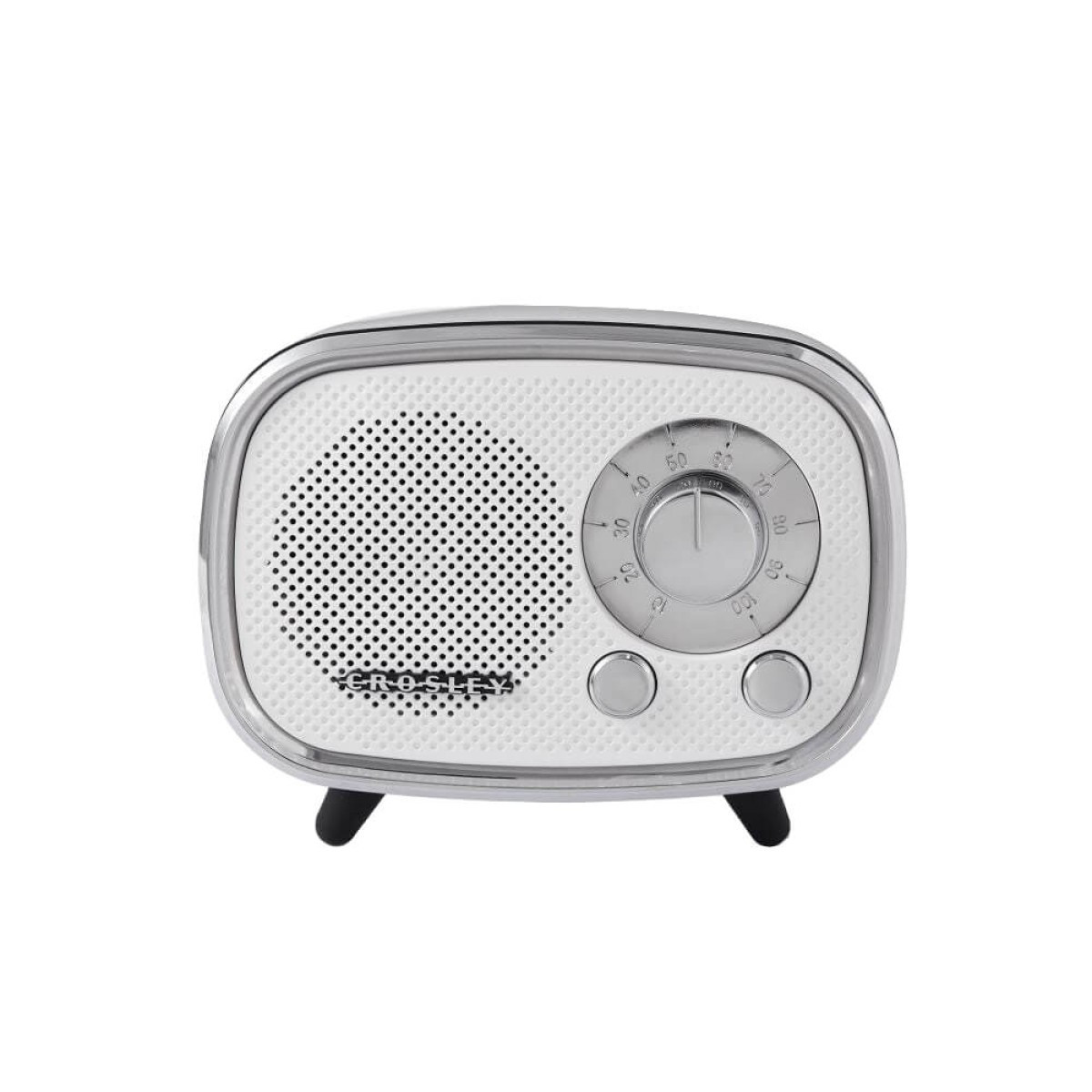 White retro Bluetooth speaker with chrome trim, tapered legs, integrated controls, and USB-C charging cable.
