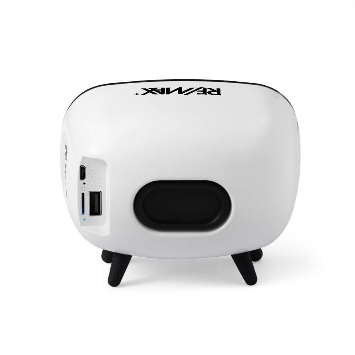 White retro Bluetooth speaker with chrome trim, tapered legs, integrated controls, and USB-C charging cable.