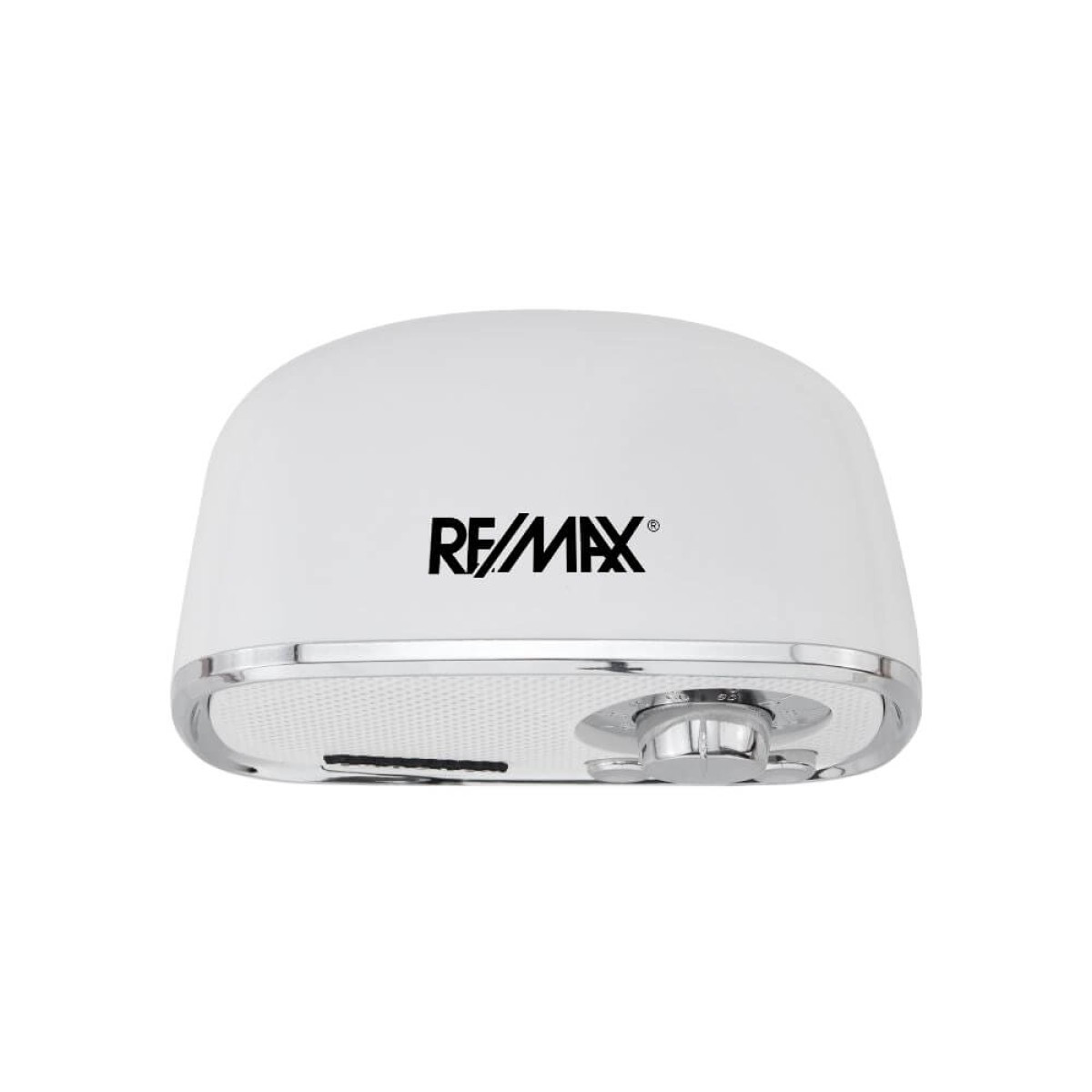 White retro Bluetooth speaker with chrome trim, tapered legs, integrated controls, and USB-C charging cable.