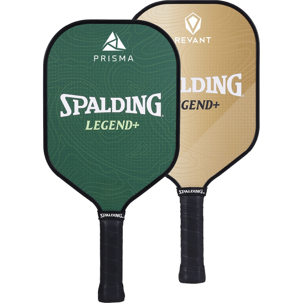 Spalding® Legend+ Pickleball Single Paddle with a fiberglass paddle face, polypropylene honeycomb core, perforated cushion grip, and edge guard for competitive or recreational pickleball play.