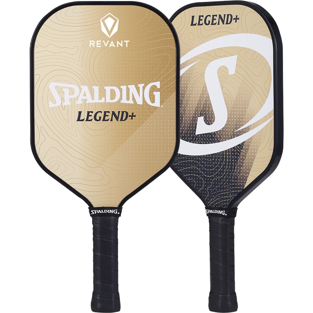 Gold Spalding® Legend+ Pickleball Single Paddle with a fiberglass paddle face, polypropylene honeycomb core, perforated cushion grip, and edge guard for competitive or recreational pickleball play.