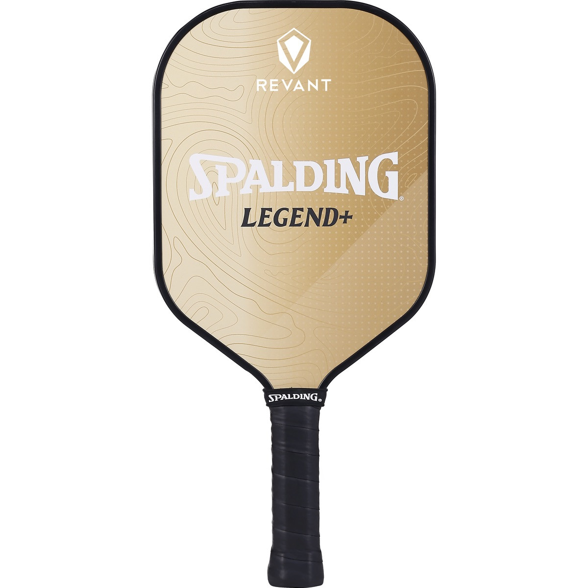 Gold Spalding® Legend+ Pickleball Single Paddle with a fiberglass paddle face, polypropylene honeycomb core, perforated cushion grip, and edge guard for competitive or recreational pickleball play.