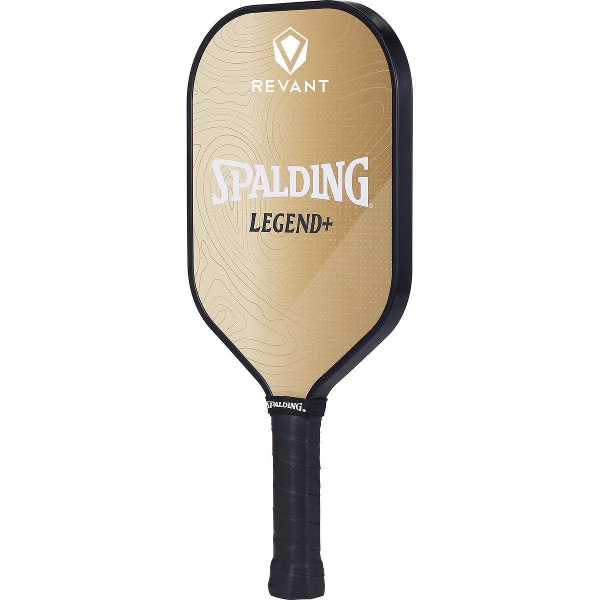 Gold Spalding® Legend+ Pickleball Single Paddle with a fiberglass paddle face, polypropylene honeycomb core, perforated cushion grip, and edge guard for competitive or recreational pickleball play.