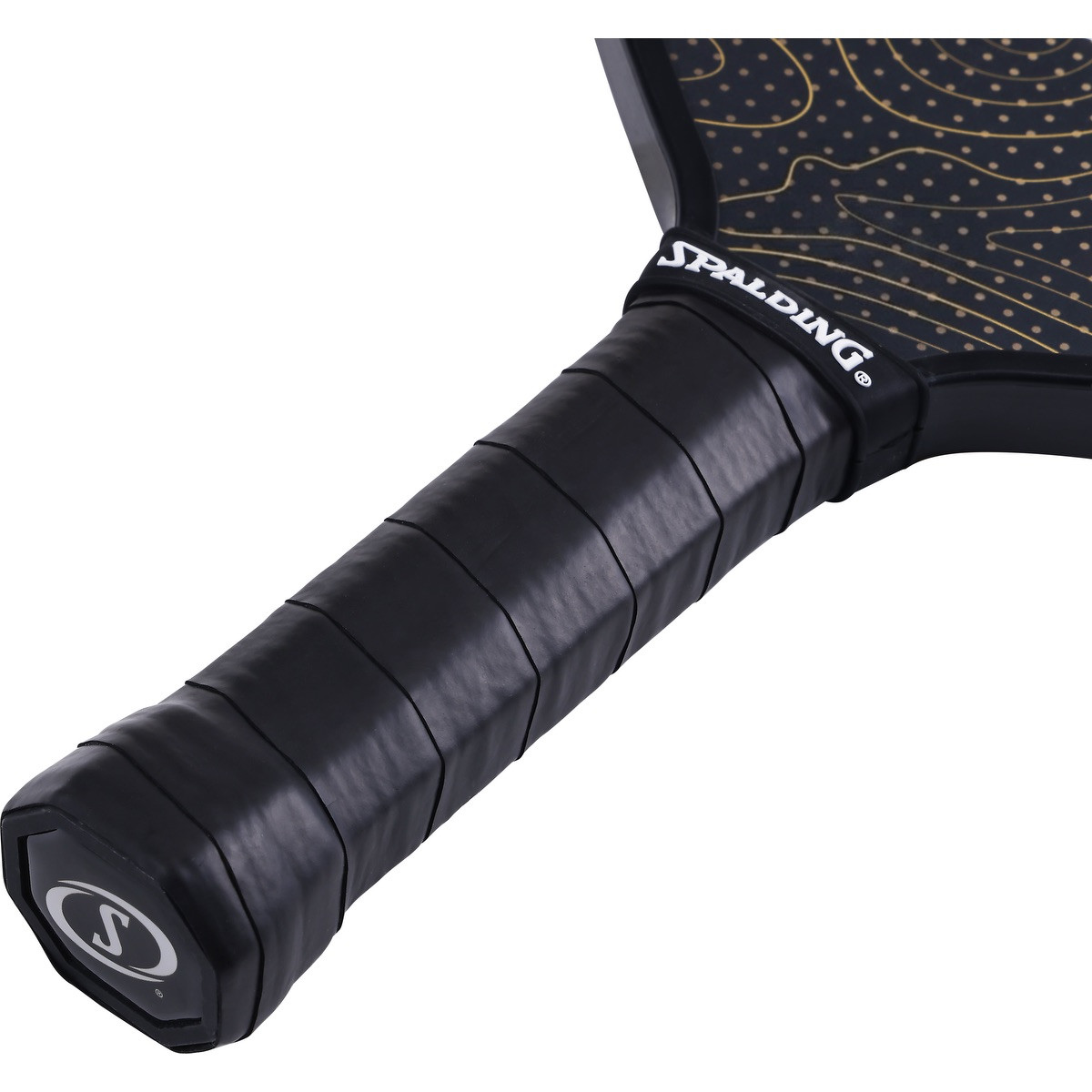 Gold Spalding® Legend+ Pickleball Single Paddle with a fiberglass paddle face, polypropylene honeycomb core, perforated cushion grip, and edge guard for competitive or recreational pickleball play.