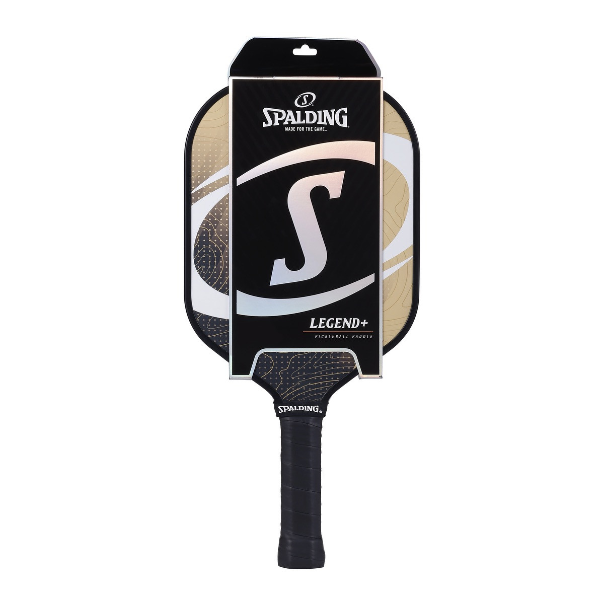 Gold Spalding® Legend+ Pickleball Single Paddle with a fiberglass paddle face, polypropylene honeycomb core, perforated cushion grip, and edge guard for competitive or recreational pickleball play.