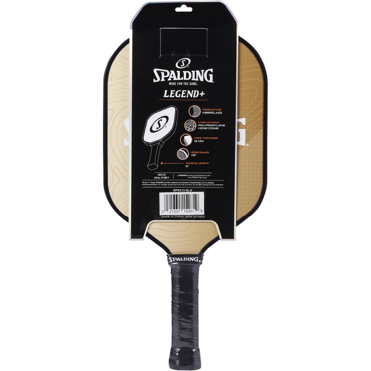 Gold Spalding® Legend+ Pickleball Single Paddle with a fiberglass paddle face, polypropylene honeycomb core, perforated cushion grip, and edge guard for competitive or recreational pickleball play.