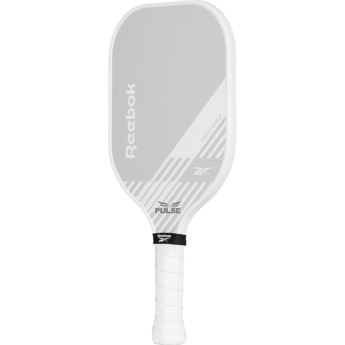 White Reebok® Power Pickleball Single Paddle with a fiberglass paddle face, black edge guard, perforated cushioned grip, and ergonomic handle, designed for pickleball practice and competitive play.