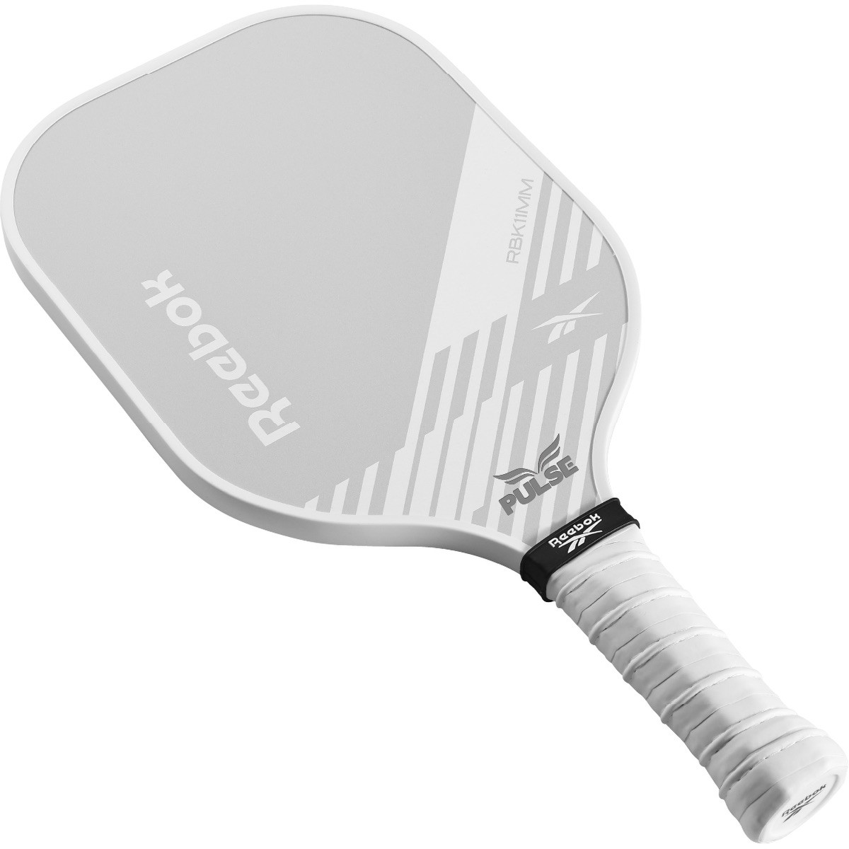 White Reebok® Power Pickleball Single Paddle with a fiberglass paddle face, black edge guard, perforated cushioned grip, and ergonomic handle, designed for pickleball practice and competitive play.