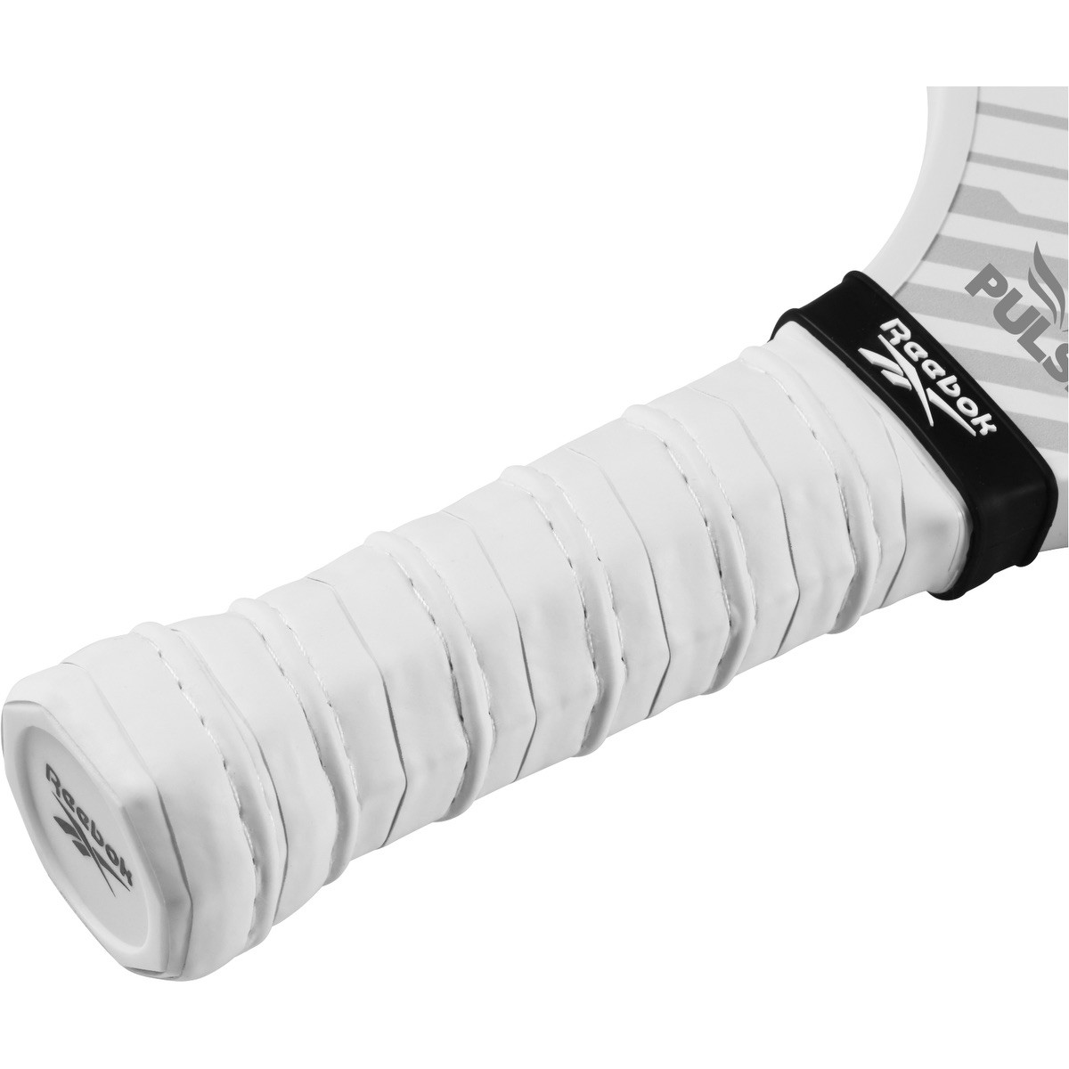 White Reebok® Power Pickleball Single Paddle with a fiberglass paddle face, black edge guard, perforated cushioned grip, and ergonomic handle, designed for pickleball practice and competitive play.
