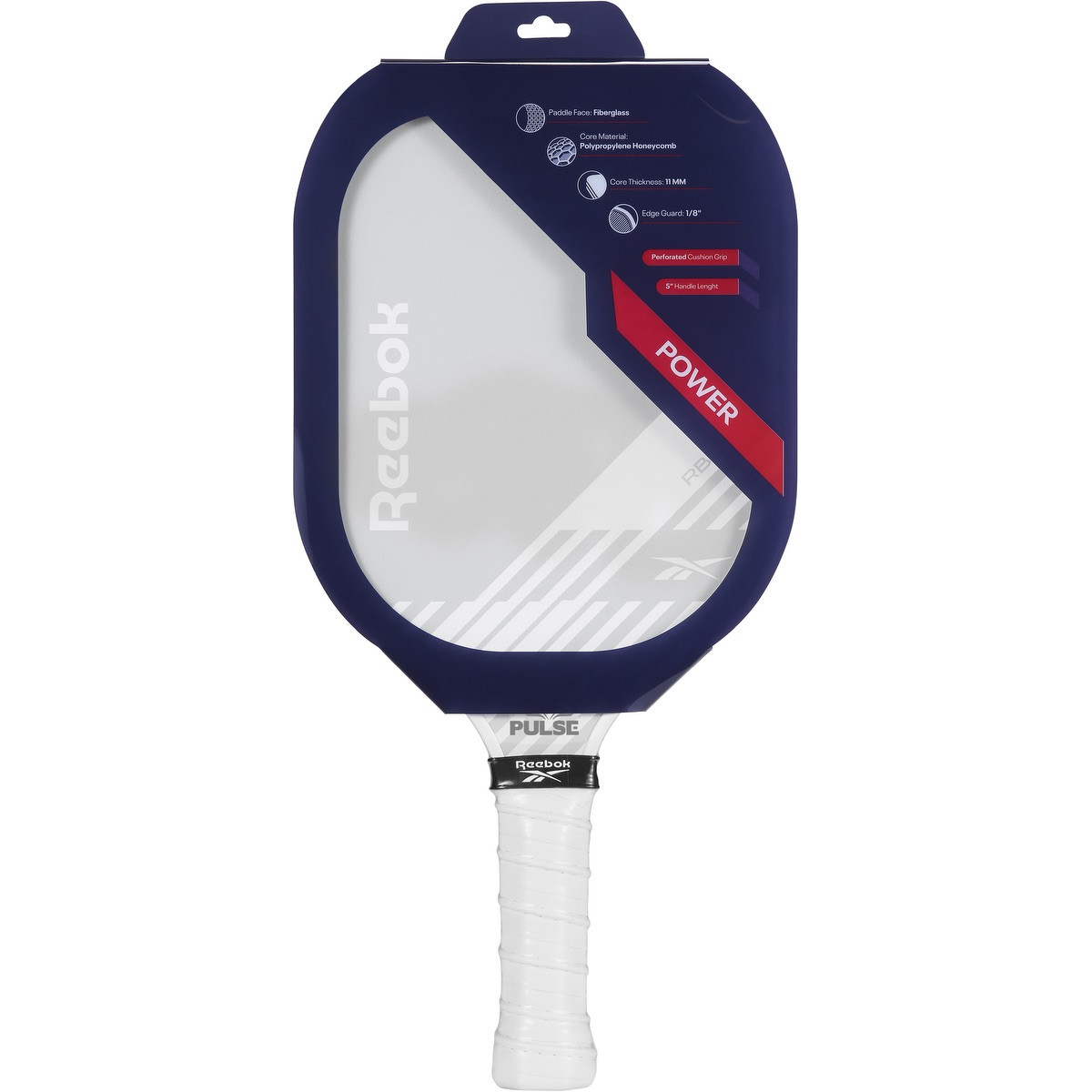 White Reebok® Power Pickleball Single Paddle with a fiberglass paddle face, black edge guard, perforated cushioned grip, and ergonomic handle, designed for pickleball practice and competitive play.