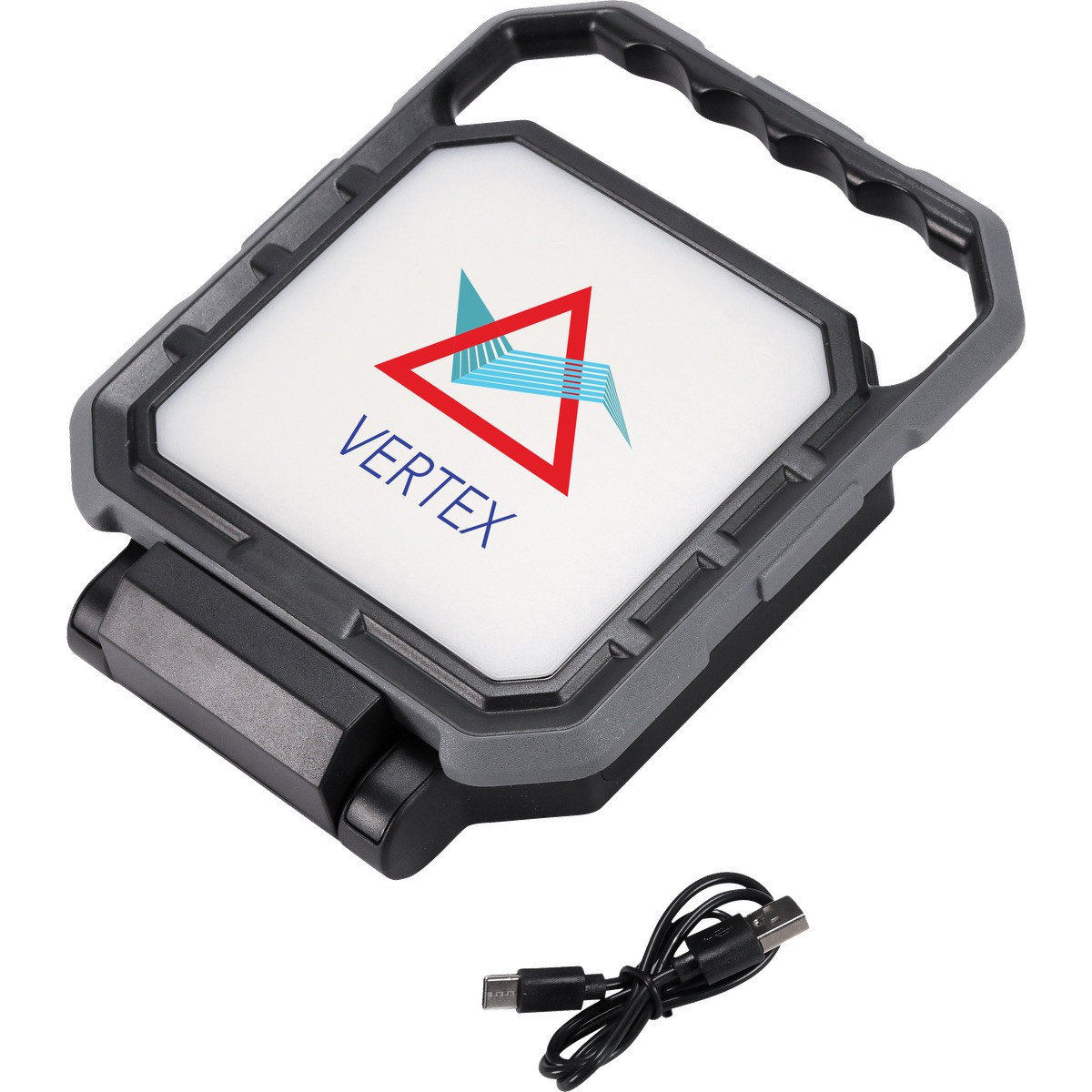 Gray rechargeable COB LED work light with integrated handle, adjustable stand, magnetic base, USB-C charging port, and emergency power bank function on a white background.