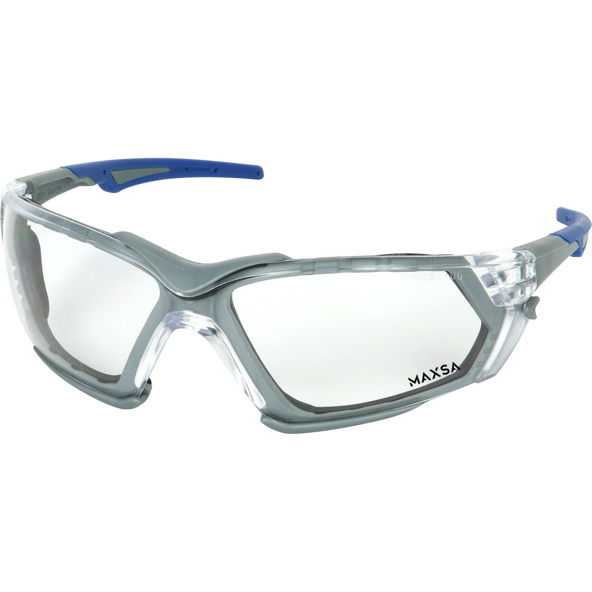 Bouton® Optical Fortify™ Clear Lens Safety Glasses with a gray rimless frame, clear anti-fog and anti-scratch lenses, foam-lined seal, and flexible temples for eye protection in construction, manufacturing, and indoor work environments.