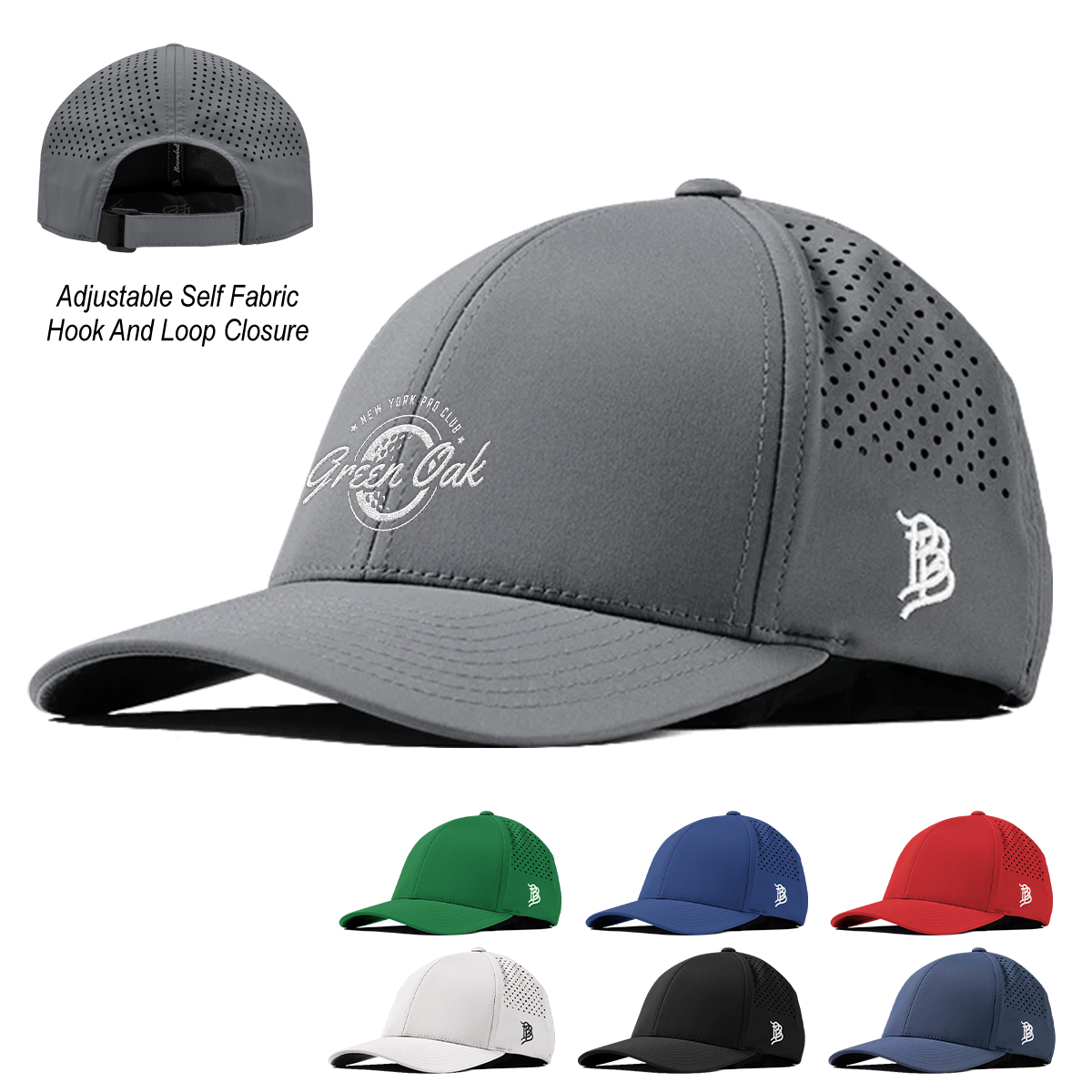 Branded Bills Bare Curved Performance Cap with lightweight polyester-spandex performance fabric, a structured six-panel low-profile crown, pre-curved visor, perforated back panels, and an adjustable hook-and-loop closure for everyday wear and outdoor activities.