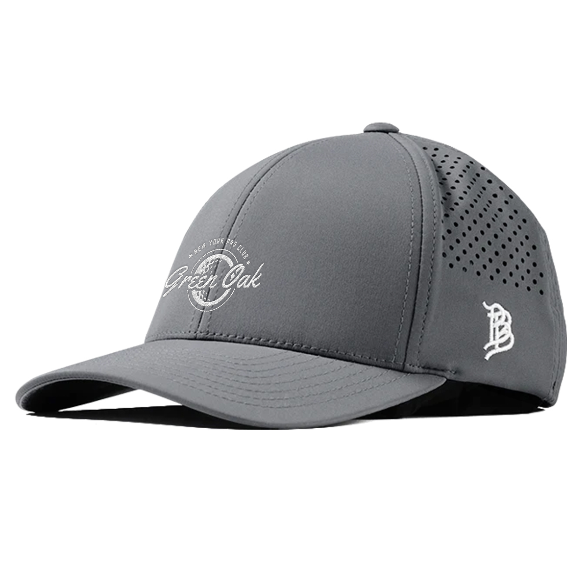 Gray Branded Bills Bare Curved Performance Cap with lightweight polyester-spandex performance fabric, a structured six-panel low-profile crown, pre-curved visor, perforated back panels, and an adjustable hook-and-loop closure for everyday wear and outdoor activities.