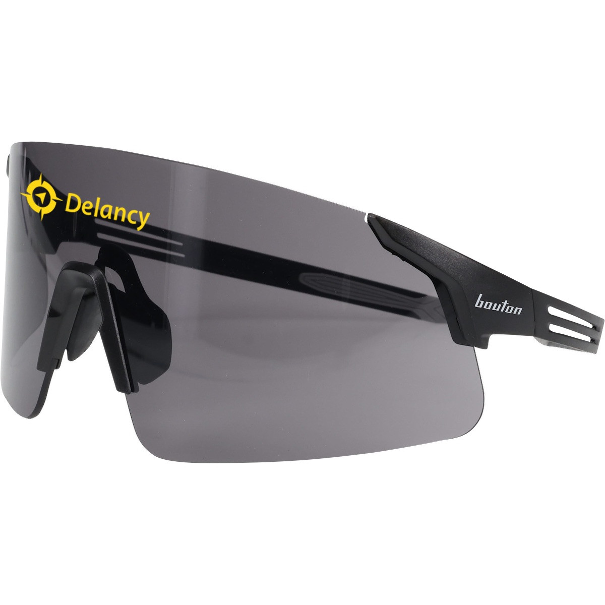 Gray Bouton® Optical Site Boss™ Gray Lens Safety Glasses frameless design, gray FogLess® 3Sixty™ anti-fog lenses, adjustable soft rubber nose pads, and ultra-flexible black temples for eye protection in outdoor construction, industrial, and jobsite environments.